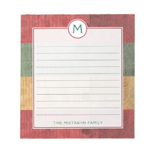 Rustic Monogram Red Green Gold Wood Name Christmas Notepad
