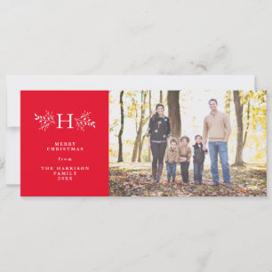 Rustic monogram red holiday photo card