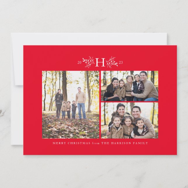 Rustic monogram red three Christmas photo Holiday Card (Front)