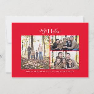 Rustic monogram red three Christmas photo Holiday Card