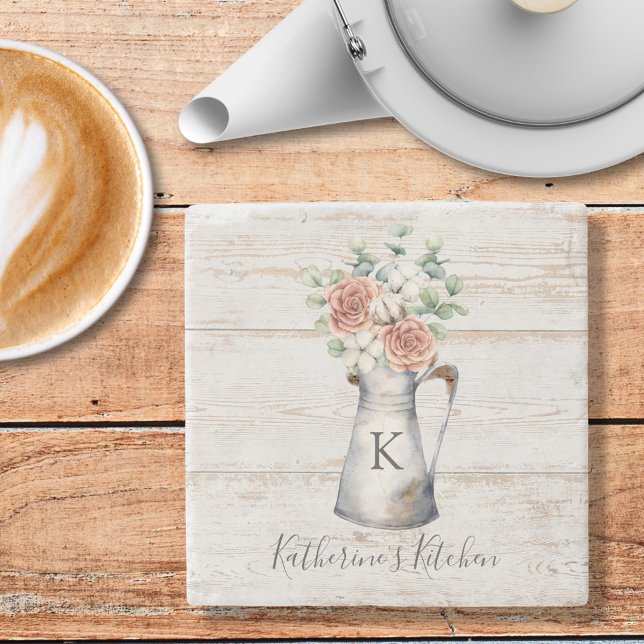 Rustic Monogram Rose Cotton Eucalyptus in a jug Stone Coaster (In situ)