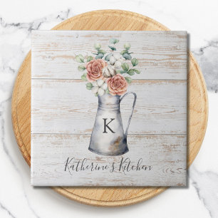 Rustic Monogram Rose Cotton Eucalyptus in a jug Tile