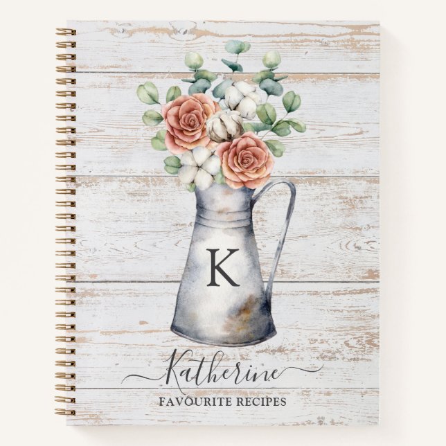Rustic Monogram Rose Cotton Eucalyptus Recipe Book (Front)