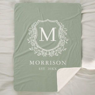 Rustic Monogram Sage Green Crest Newlywed Wedding Sherpa Blanket