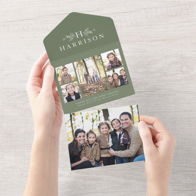 Rustic monogram sage green holiday 5 photo collage all in one invitation (Tearaway)