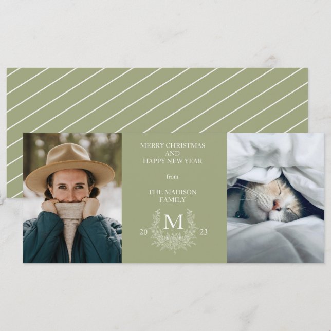 Rustic monogram Sage Green holiday photo card (Front/Back)