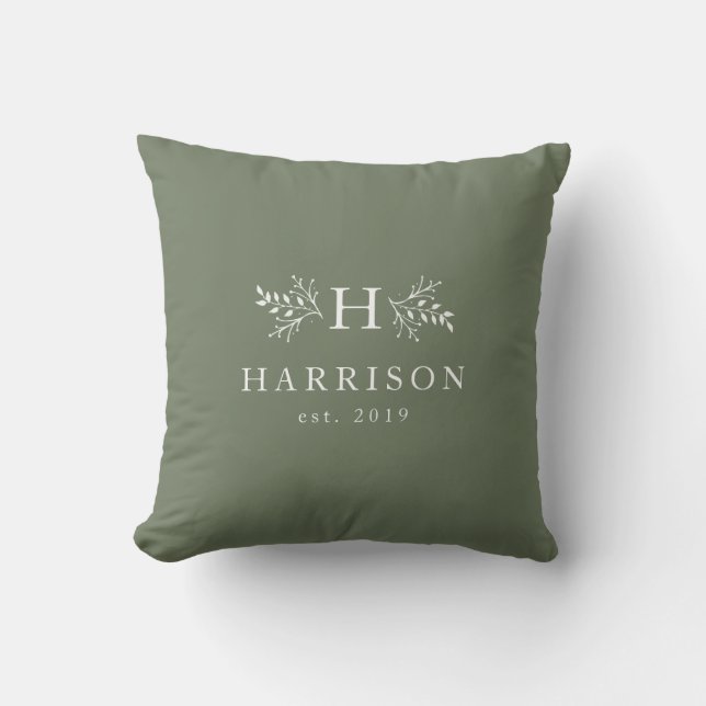 Rustic monogram sage green initial personalised cushion (Front)