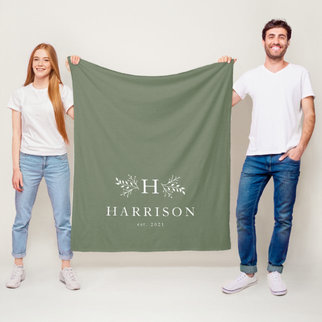 Rustic monogram sage green newlywed name fleece blanket (In Situ)
