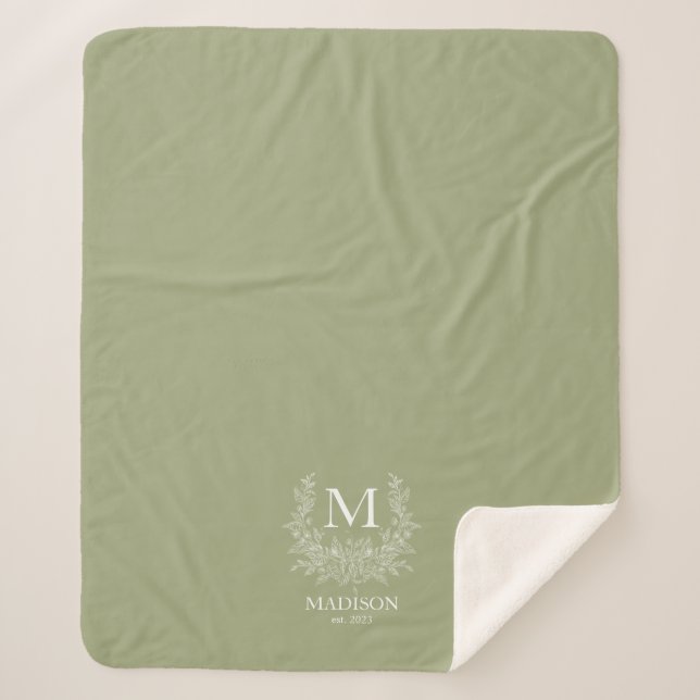 Rustic monogram Sage Green personalised initial  Sherpa Blanket (Front)