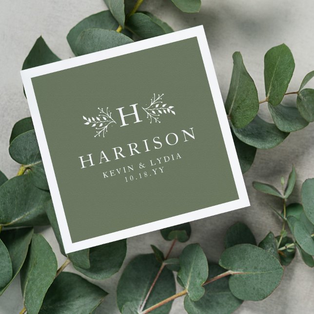Rustic monogram sage green personalised wedding napkin (Creator Uploaded)