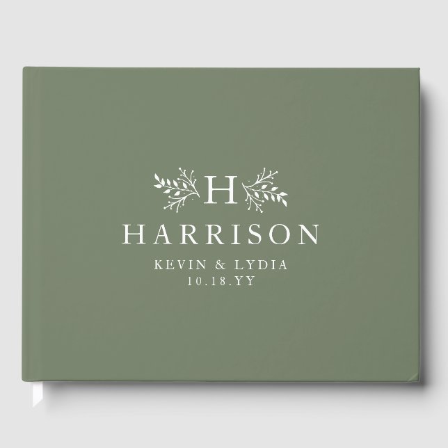 Rustic monogram sage green wedding guest book (Front)