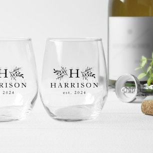 Rustic monogram simple initial name black type stemless wine glass