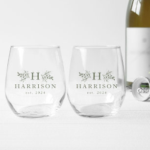 Rustic monogram simple initial name sage green stemless wine glass