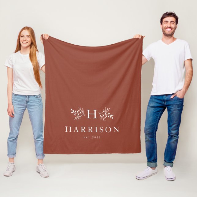 Rustic monogram terracotta initial holiday fleece blanket (In Situ)