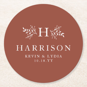Rustic monogram terracotta rust fall wedding round paper coaster