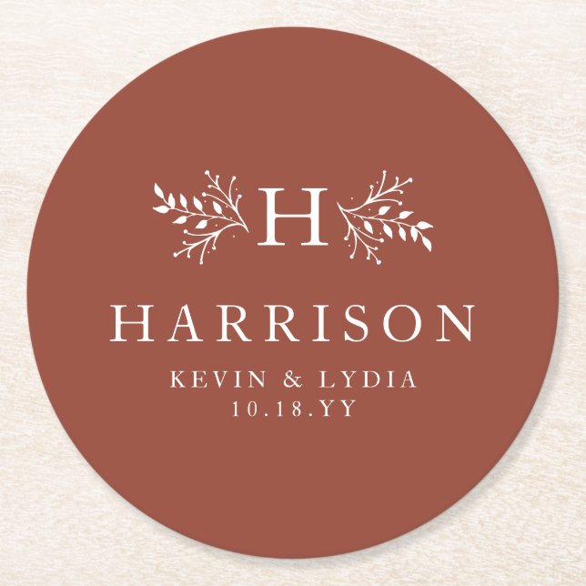Rustic monogram terracotta rust fall wedding round paper coaster (Front)
