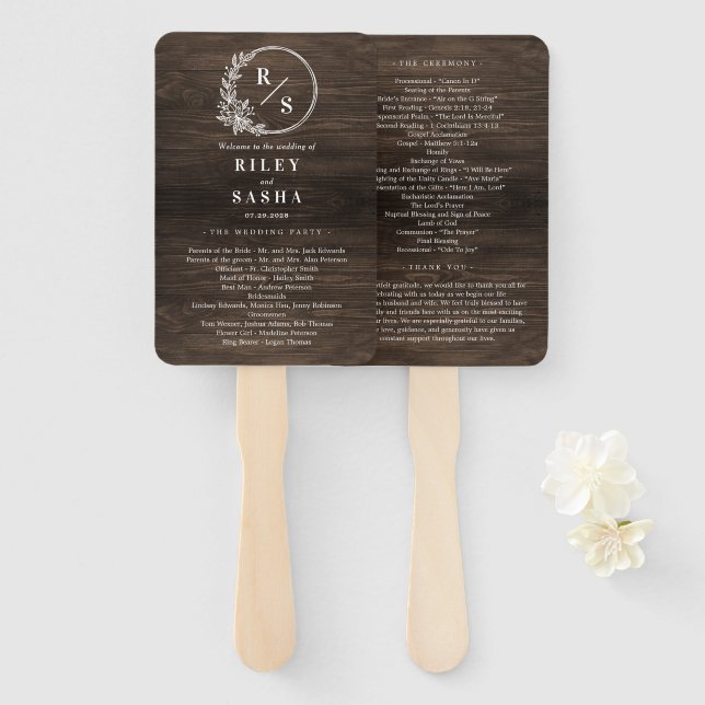 Rustic Monogram Wedding Ceremony Program Fan (Front and Back)