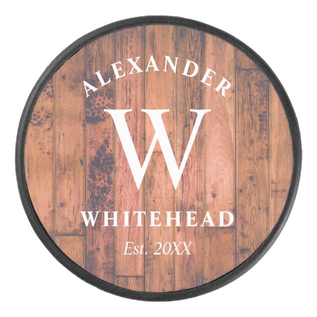 Rustic Monogram Wood Hockey Puck (Front)