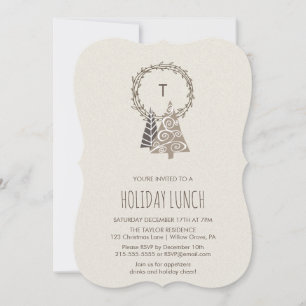 Rustic Monogram Wreath Holiday Lunch Invitation