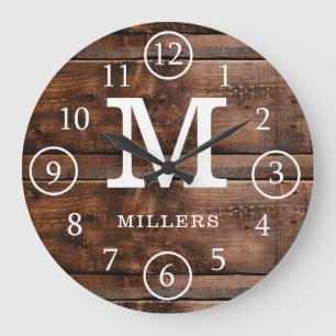 Rustic Monogrammed Dark Brown Wood Family Name Large Clock
