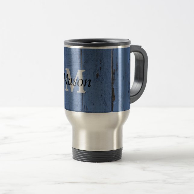 Rustic Monogrammed Name Blue Wood Manly Cool Travel Mug (Front Right)