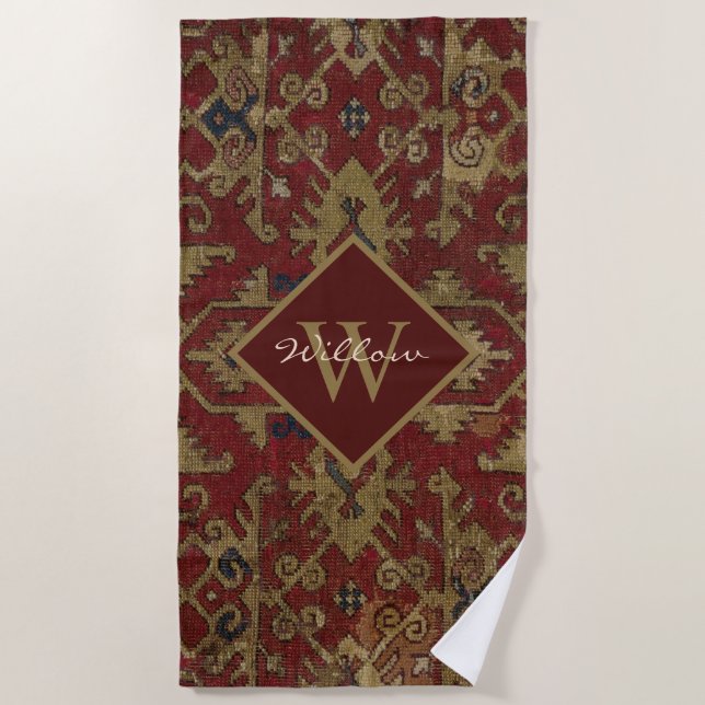 Rustic Monogrammed Oriental Persian Red Pattern Beach Towel (Front)