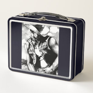 Rustic Monogrammed Western Cowboy Drawing Black Metal Lunch Box