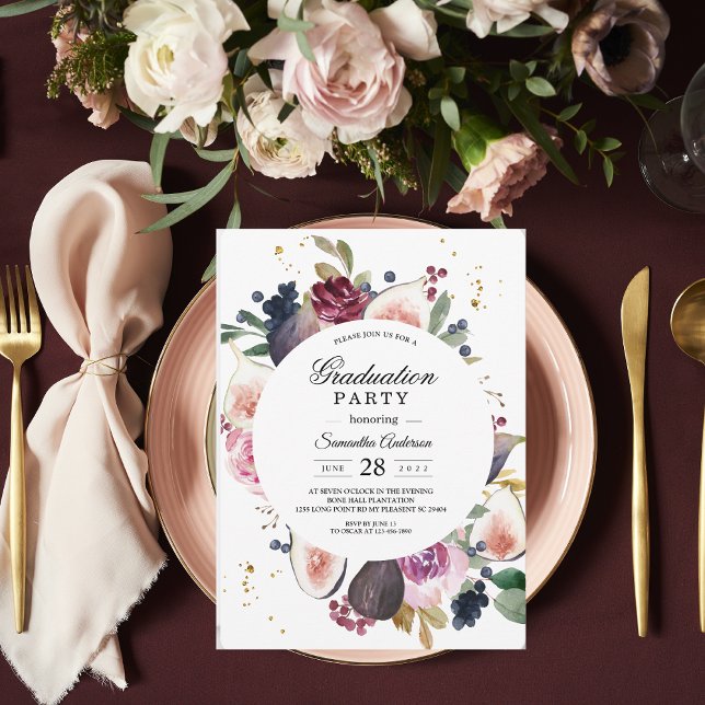 Rustic Moody Burgundy Floral & Berry Graduation  Invitation (Creator Uploaded)