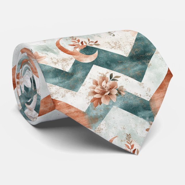Rustic Moon Floral Chevron Earthy Pattern (3) Tie (Rolled)