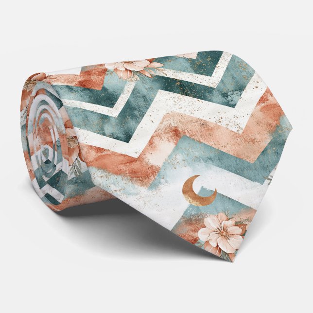 Rustic Moon Floral Chevron Earthy Pattern (4) Tie (Rolled)
