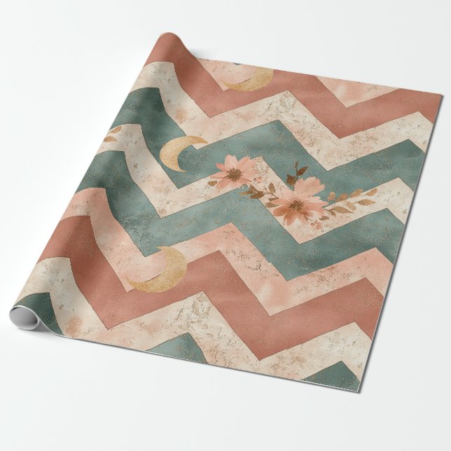 Rustic Moon Floral Chevron Earthy Pattern (6) Wrapping Paper (Unrolled)