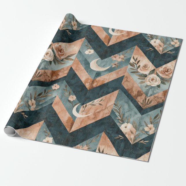 Rustic Moon Floral Chevron Earthy Pattern (8) Wrapping Paper (Unrolled)