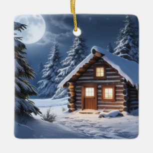 Rustic Moonlight Cozy Winter Cabin Ceramic Ornament