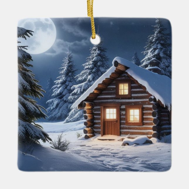 Rustic Moonlight Cozy Winter Cabin Ceramic Ornament (Front)