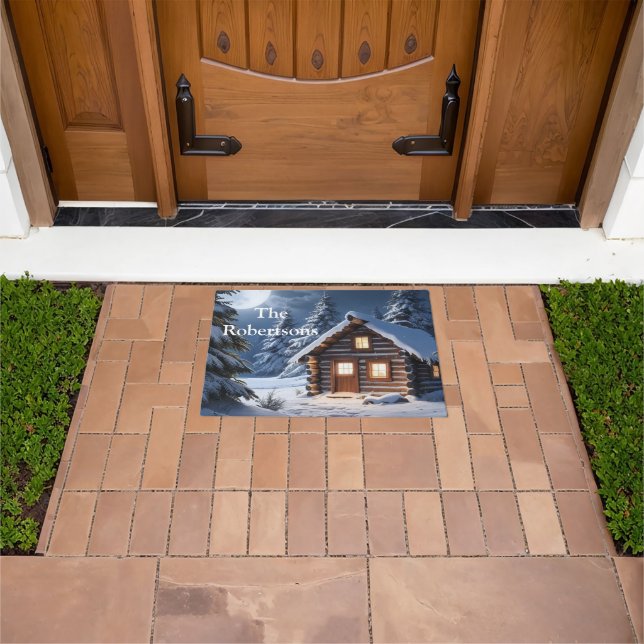 Rustic Moonlight Cozy Winter Cabin Door Mat (Outdoor)