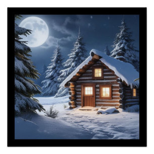 Rustic Moonlight Cozy Winter Cabin Poster