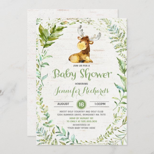 Rustic Moose Baby Shower Invitation Greenery (Front/Back)