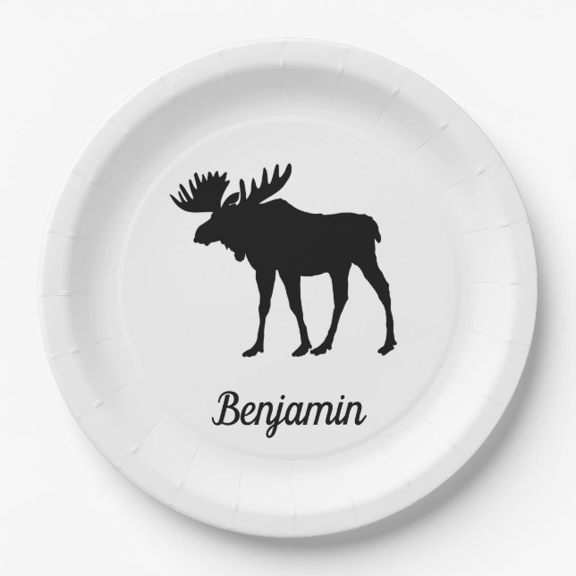 Rustic Moose Black and White Paper Plate (Front)