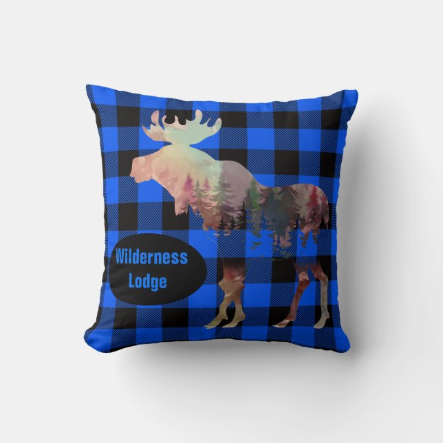 Rustic Moose Blue Plaid Add Name Throw Pillow (Front)