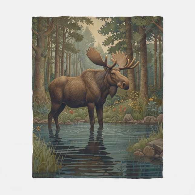 Rustic moose boho woodland forest adventure fleece blanket (Front)