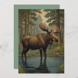 Rustic moose boho woodland forest greenery art invitation