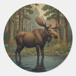 Rustic moose boho woodland forest greenery  classic round sticker