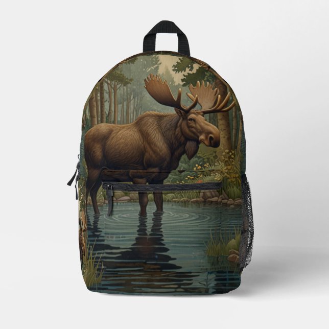 Rustic moose boho woodland forest lake design printed backpack (Front)