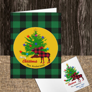 Rustic Moose, Christmas Tree, Family name, Plaid Card