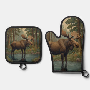 Rustic moose deer boho woodland forest greenery  oven mitt & pot holder set