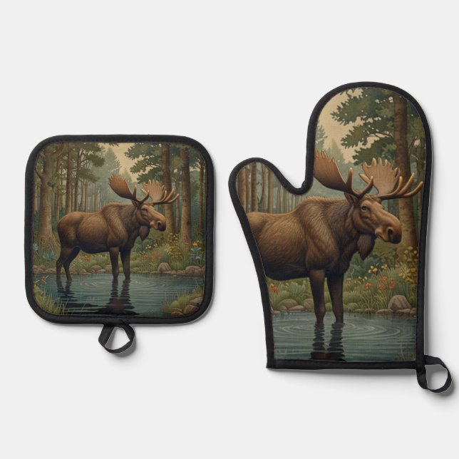 Rustic moose deer boho woodland forest greenery  oven mitt & pot holder set (Front)