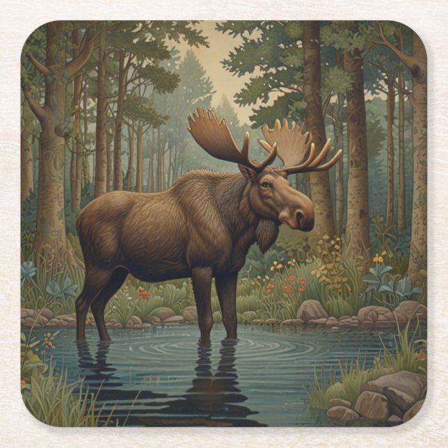 Rustic moose deer boho woodland forest greenery  square paper coaster (Front)