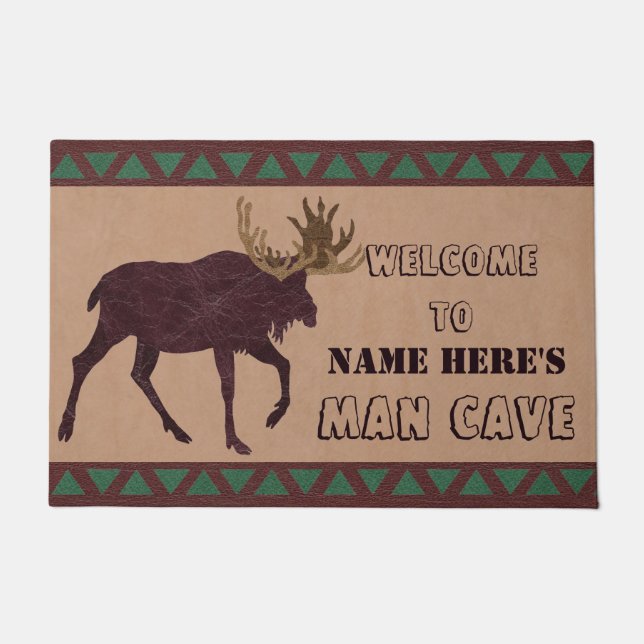 Rustic Moose Faux Leather-Look Man Cave Doormat (Front)