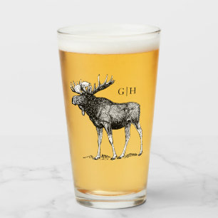Rustic Moose Illustration Monogram Glass
