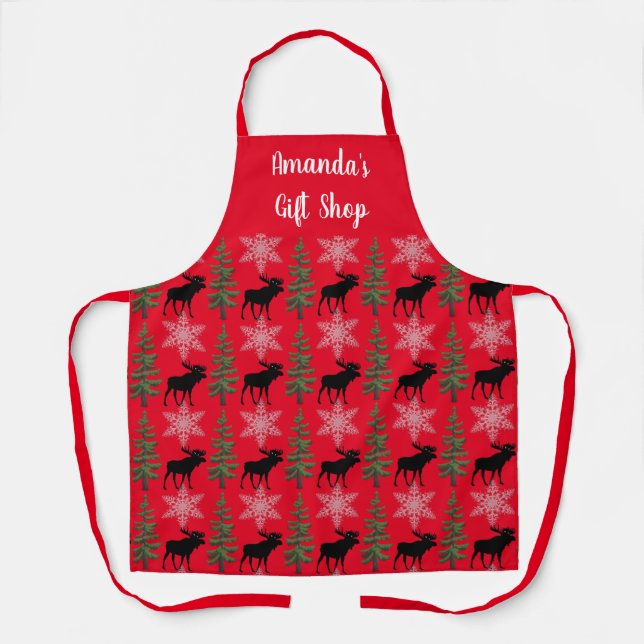 Rustic Moose Pattern on Red Personalised  Apron (Front)